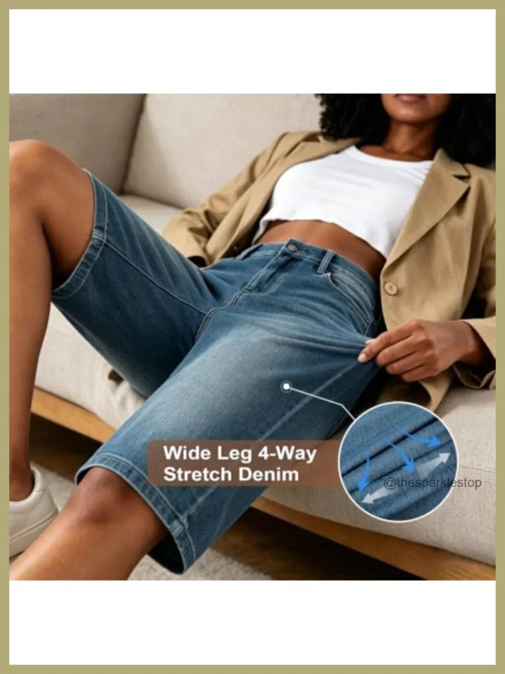 High Waisted Stretch Denim Bermuda Shorts, Wide Leg Loose Fit Knee Length with